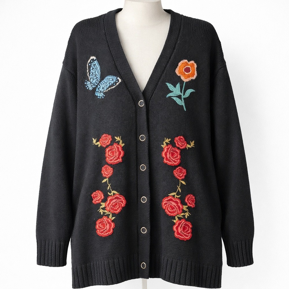 Y2K Butterfly Floral Embroidered Cardigan‎ Sz M Black Pockets Cottagecore Button